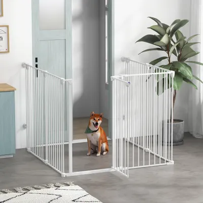 PawHut - Barrière Chien-Modulable Pliable Porte Verrouillable - blanc