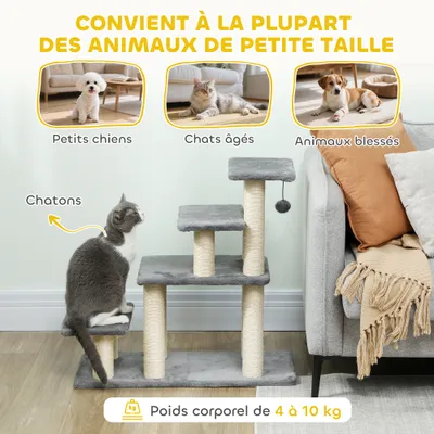 PawHut - Escalier chat 4 marches 8 poteaux jeu boule sisal - gris