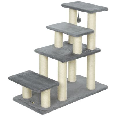 PawHut - Escalier chat 4 marches 8 poteaux jeu boule sisal - gris