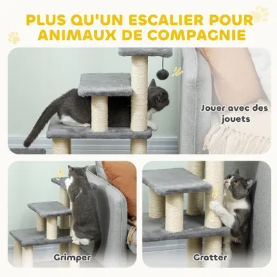 PawHut - Escalier chat 4 marches 8 poteaux jeu boule sisal - gris