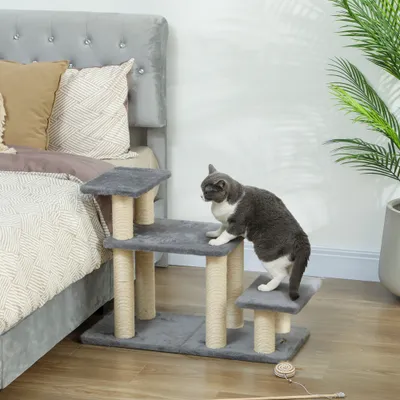 PawHut - Escalier chat 4 marches 8 poteaux jeu boule sisal - gris