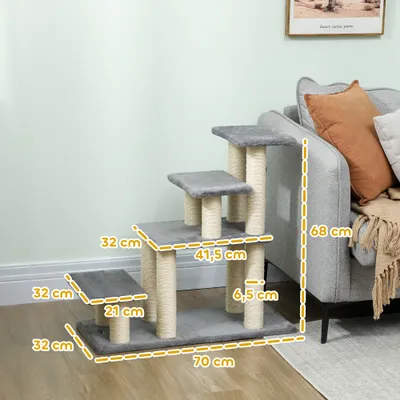 PawHut - Escalier chat 4 marches 8 poteaux jeu boule sisal - gris