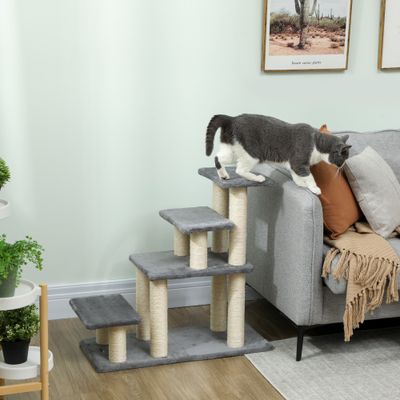 PawHut - Escalier chat 4 marches 8 poteaux jeu boule sisal - gris