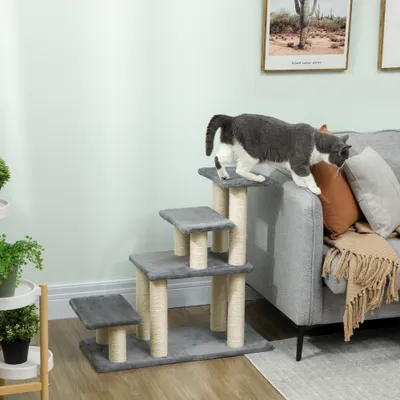 PawHut - Escalier chat 4 marches 8 poteaux jeu boule sisal - gris