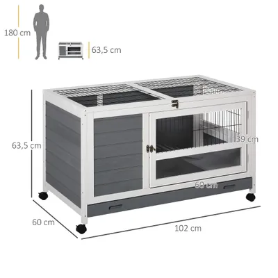 PawHut - Clapier Lapin 2 Niv. sur Roulettes 2 Portes - gris blanc