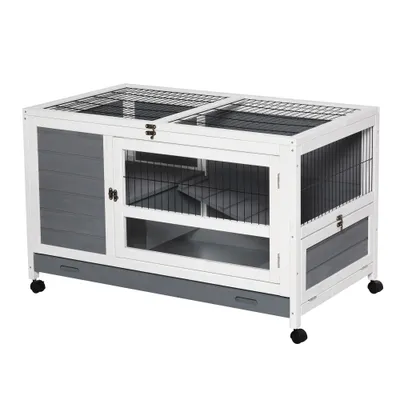 PawHut - Clapier Lapin 2 Niv. sur Roulettes 2 Portes - gris blanc