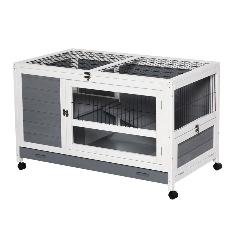 PawHut - Clapier Lapin 2 Niv. sur Roulettes 2 Portes - gris blanc