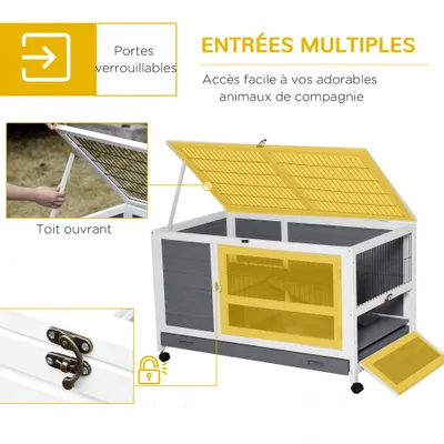 PawHut - Clapier Lapin 2 Niv. sur Roulettes 2 Portes - gris blanc