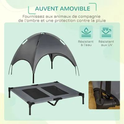 PawHut - Lit surélevé avec toit anti-UV et sac H.90 cm - gris noir