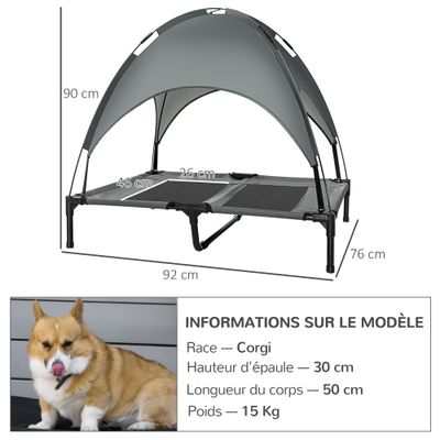 PawHut - Lit surélevé avec toit anti-UV et sac H.90 cm - gris noir