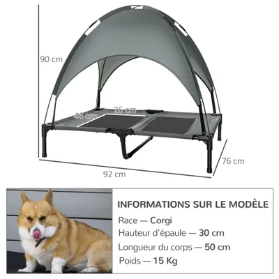 PawHut - Lit surélevé avec toit anti-UV et sac H.90 cm - gris noir