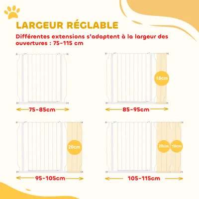 PawHut - Barrière Sécurité Animal Long. Réglable Sans Perçage H.76cm-blanc