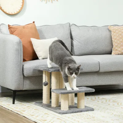 PawHut - Escalier pour chat 3 marches jeu boule suspendue-gris