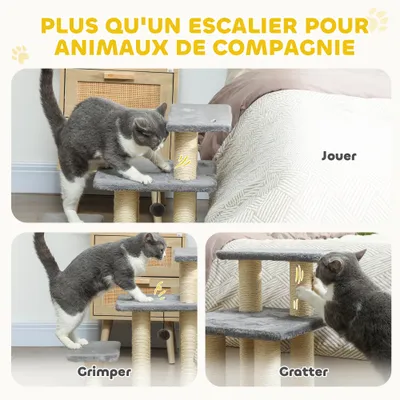PawHut - Escalier pour chat 3 marches jeu boule suspendue-gris
