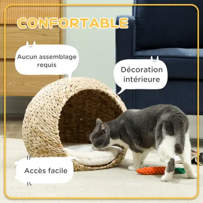 PawHut - Panier Chat Naturel Tressé avec Coussin-Crème