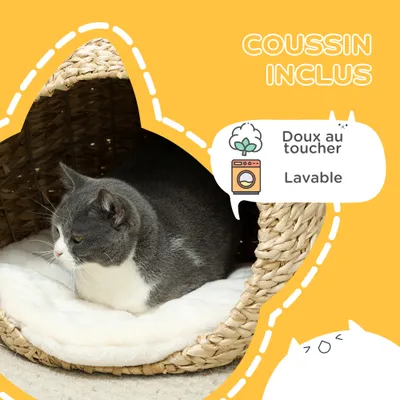 PawHut - Panier Chat Naturel Tressé avec Coussin-Crème
