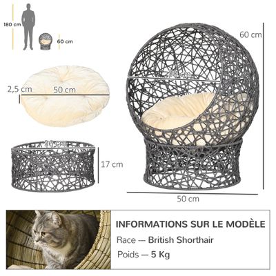 PawHut - Panier tressé chat confortable avec coussin - H.60cm - Beige