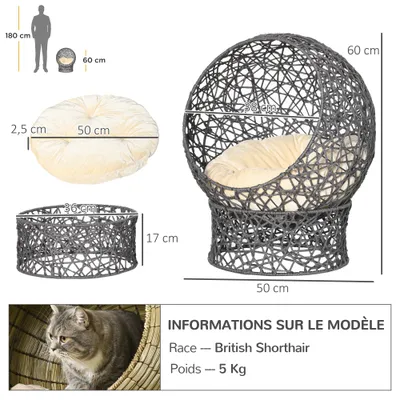 PawHut - Panier tressé chat confortable avec coussin - H.60cm - Beige