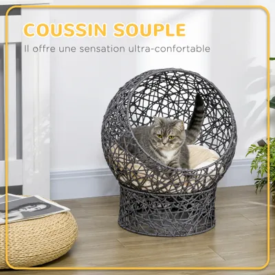 PawHut - Panier tressé chat confortable avec coussin - H.60cm - Beige