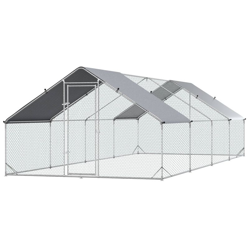 PawHut - Enclos poulailler chenil 24m² couvert acier galvanisé H.2 m - gris
