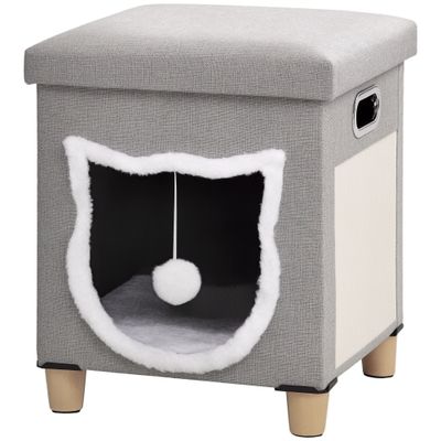 PawHut - Grattoir-Pouf-3en1-Porte-Tête-Chat-Coussin-Amovible-Gris