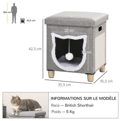 PawHut - Grattoir-Pouf-3en1-Porte-Tête-Chat-Coussin-Amovible-Gris