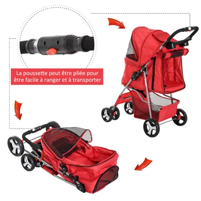 PawHut - Poussette chien pliable 4 roues H.94cm - rouge