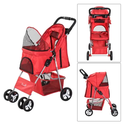 PawHut - Poussette chien pliable 4 roues H.94cm - rouge