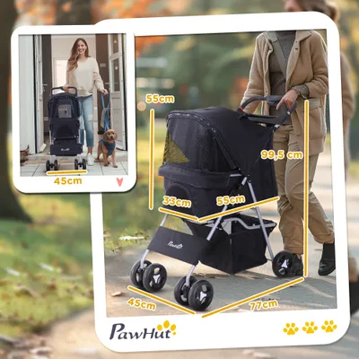 PawHut - Poussette chien pliable 4 roues H.94cm - noir PawHut - Poussette chien pliable 4 roues H.94cm - noir