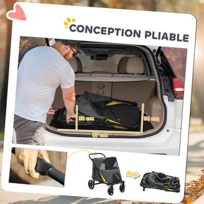 PawHut - Poussette Chien Pliable 4 Roues avec Rangements - noir gris jaune PawHut - Poussette Chien Pliable 4 Roues avec Rangements - noir gris jaune