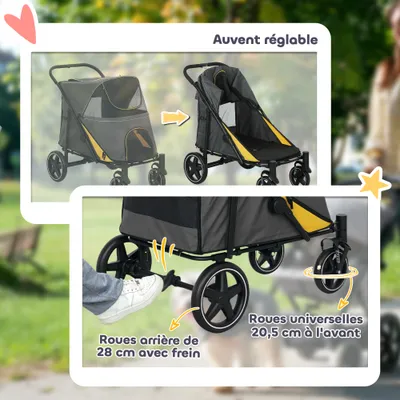 PawHut - Poussette Chien Pliable 4 Roues avec Rangements - noir gris jaune PawHut - Poussette Chien Pliable 4 Roues avec Rangements - noir gris jaune