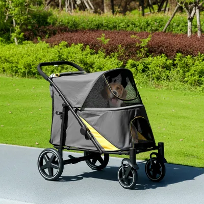 PawHut - Poussette Chien Pliable 4 Roues avec Rangements - noir gris jaune PawHut - Poussette Chien Pliable 4 Roues avec Rangements - noir gris jaune