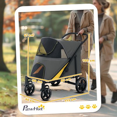PawHut - Poussette Chien Pliable 4 Roues avec Rangements - noir gris jaune