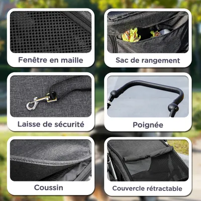 PawHut - Poussette Chien 4 Roues Pliable Nombreux Équipements - Gris PawHut - Poussette Chien 4 Roues Pliable Nombreux Équipements - Gris