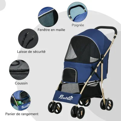 PawHut - Poussette chien pliable rangement laisse coussin inclus - bleu PawHut - Poussette chien pliable rangement laisse coussin inclus - bleu