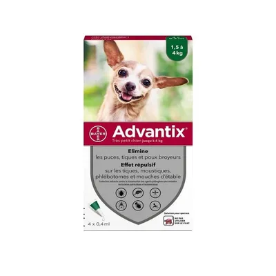 BAYER - PIPETTES ANTIPARASITAIRE CHIEN ADVANTIX 0,4 ML (1,5-4 kg) BAYER - PIPETTES ANTIPARASITAIRE CHIEN ADVANTIX 0,4 ML (1,5-4 kg)