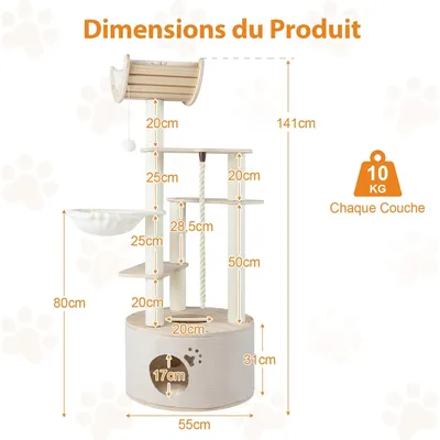 GIANTEX Arbre à Chat XXL 141 cm, Condo, 3 Plateformes, Hamac, Sisal, Balle