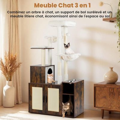 GIANTEX Meuble Litière Chat 161 cm, Niche,2 Hamacs,Sisal, Armoire 2 Portes