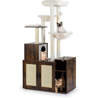 GIANTEX Meuble Litière Chat 161 cm, Niche,2 Hamacs,Sisal, Armoire 2 Portes