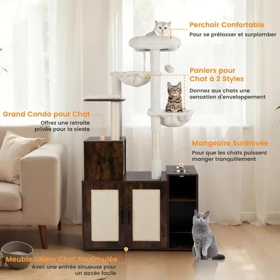 GIANTEX Meuble Litière Chat 161 cm, Niche,2 Hamacs,Sisal, Armoire 2 Portes