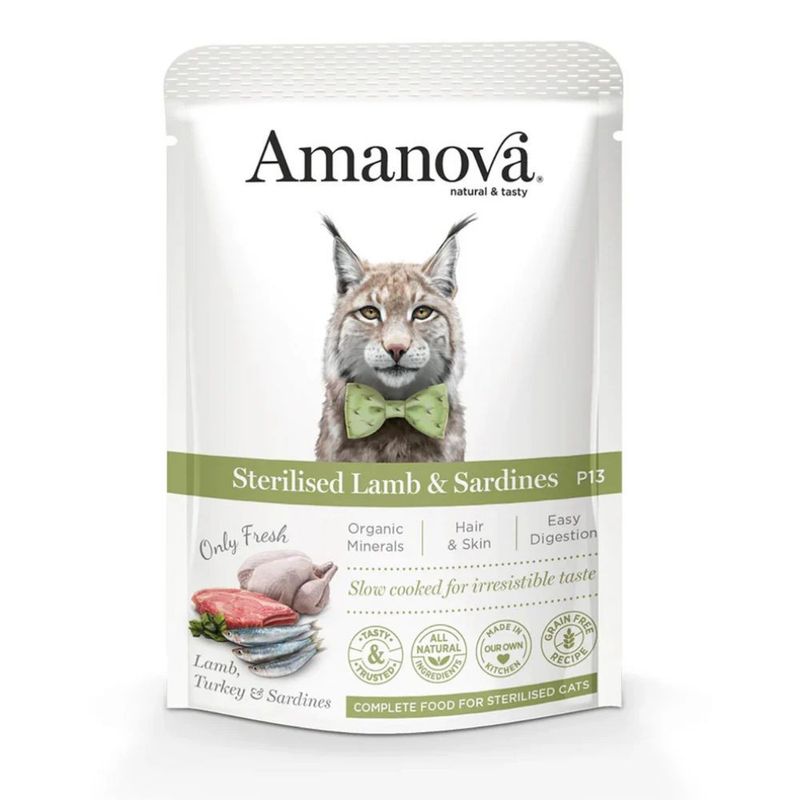 AMANOVA - Sterilisiertes Katzenfutter mit Lamm- und Sardinengeschmack, get