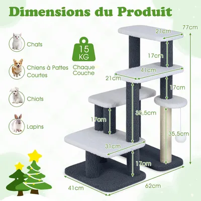 GIANTEX Escalier Chat 4 étapes 62x41 cm Sisal, Balle, Charge 15 kg, Grimper