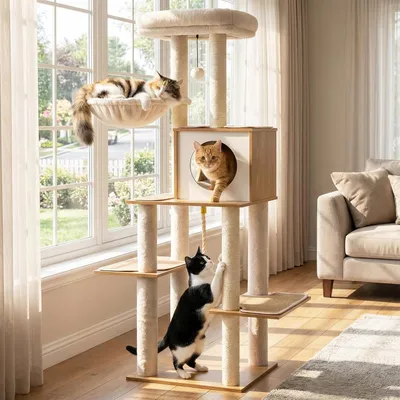 GIANTEX Arbre Chat XXL Bois, Condo, Hamac, Perchoir,Sisal