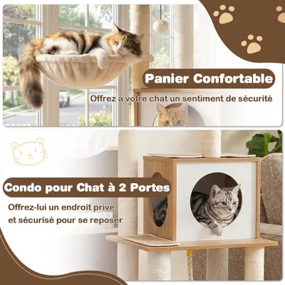 GIANTEX Arbre Chat XXL Bois, Condo, Hamac, Perchoir,Sisal