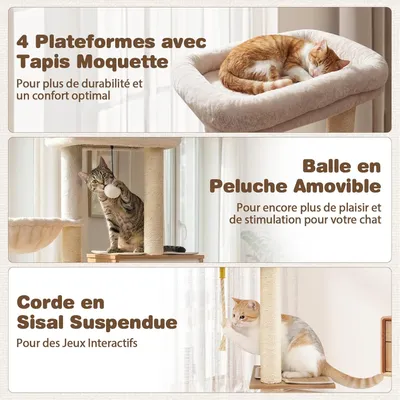GIANTEX Arbre Chat XXL Bois, Condo, Hamac, Perchoir,Sisal