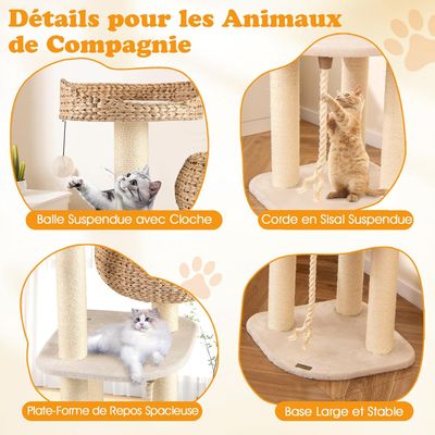 GIANTEX Arbre Chat 104 cm, 4 Niveaux, Tige Massette, Niche, Sisal, Balles