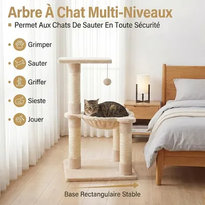 GIANTEX Arbre Chat Griffoir 2 Étages, Hamac, Balle. En Peluche