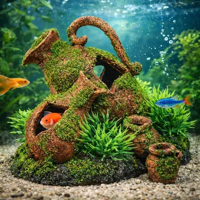 Décoration aquarium amphore cachette poissons décor naturel