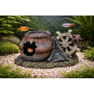 Décoration aquarium tonneau cassé gouvernail cachette pour poisson
