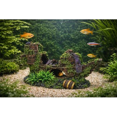 Décoration aquarium épave de bateau cachettes effet mousse
